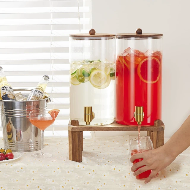 Alt view image 4 of 7 - 2pcs 1.5 Gallon Glass Drink Dispenser with Wood Stand | 6L large Capacity,Beverage Dispenser with Stainless Steel Spigot,Ideal for Lemonade/Juice/Sun Tea/Party Drinks