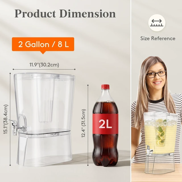 Alt view image 2 of 7 - 2 Gal Drink Dispenser with Leak-Proof Spigot & Fruit Infuser 2 Pcs | Large Capacity for Party, Removable Stand for Fridge Storage, Beverage Container for Juice, Tea, Lemonade, Soda & Mimosa Bar