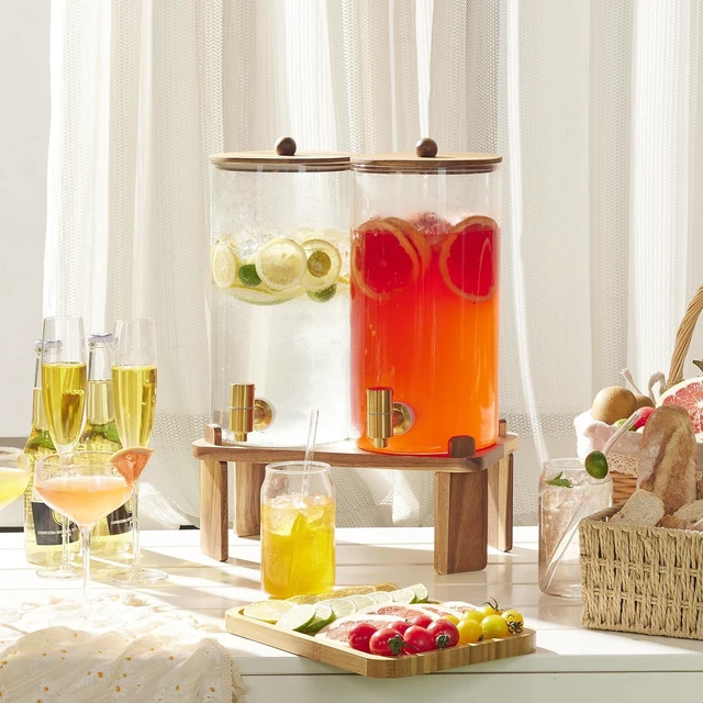 Alt view image 7 of 7 - 2pcs 1.5 Gallon Glass Drink Dispenser with Wood Stand | 6L large Capacity,Beverage Dispenser with Stainless Steel Spigot,Ideal for Lemonade/Juice/Sun Tea/Party Drinks