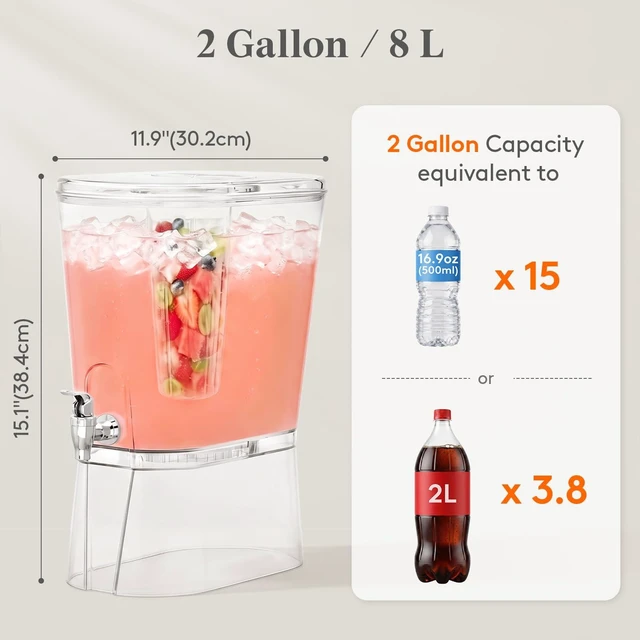 Alt view image 3 of 7 - 2 Gal Drink Dispenser with Leak-Proof Spigot & Fruit Infuser 2 Pcs | Large Capacity for Party, Removable Stand for Fridge Storage, Beverage Container for Juice, Tea, Lemonade, Soda & Mimosa Bar