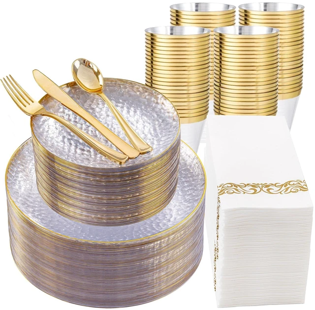 Main image of 350PCS Clear Gold Plastic Dinnerware Set for 50 Guests | Hammered Disposable Plates for Party, Include: 50 Dinner Plates, 50 Dessert Plates, 150 Gold Silverware, 50 Napkins, 50 Cups