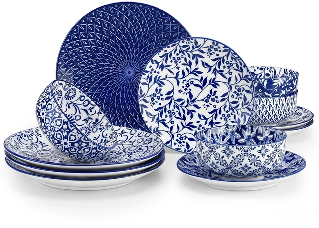 Main image of Plates and Bowls Set for 4, 12 Pieces Dinnerware Sets, Mircowave and Dishwasher Safe Dishes Set, Porcelain Blue Dinnerware