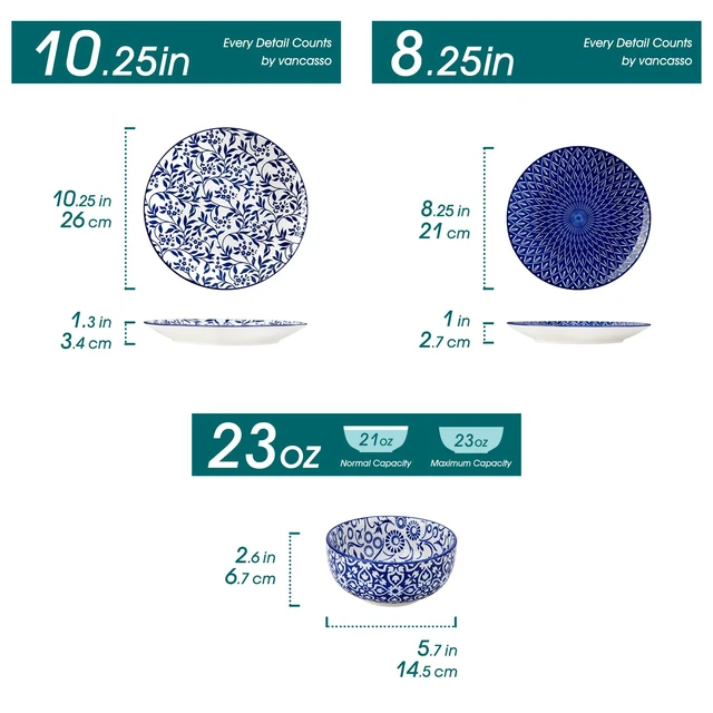 Alt view image 2 of 7 - Plates and Bowls Set for 4, 12 Pieces Dinnerware Sets, Mircowave and Dishwasher Safe Dishes Set, Porcelain Blue Dinnerware