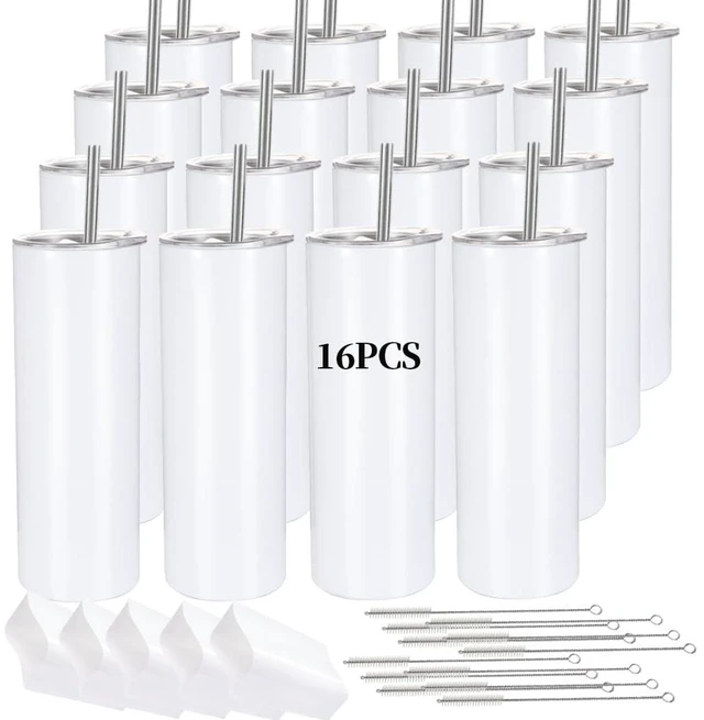 Main image of 16 Pack Sublimation Tumblers Straight Skinny Tumbler Blanks Bulk 20oz for Heat Transfer, Individual Gift Boxed, Double Wall Insulated Tumbler with Shrink Wrap & Straws