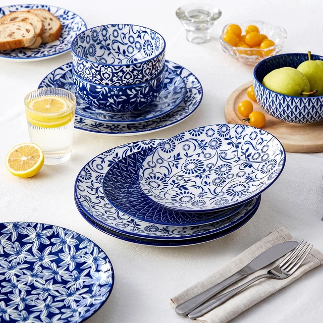 Alt view image 6 of 7 - Plates and Bowls Set for 4, 12 Pieces Dinnerware Sets, Mircowave and Dishwasher Safe Dishes Set, Porcelain Blue Dinnerware