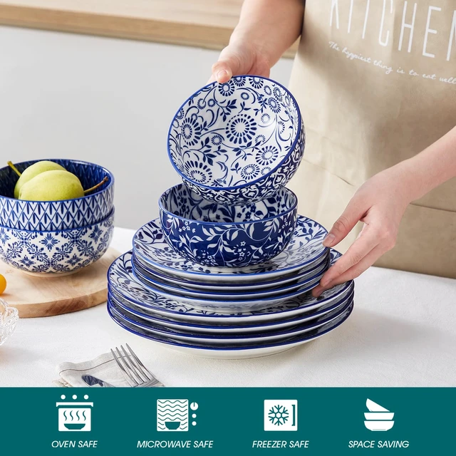 Alt view image 3 of 7 - Plates and Bowls Set for 4, 12 Pieces Dinnerware Sets, Mircowave and Dishwasher Safe Dishes Set, Porcelain Blue Dinnerware