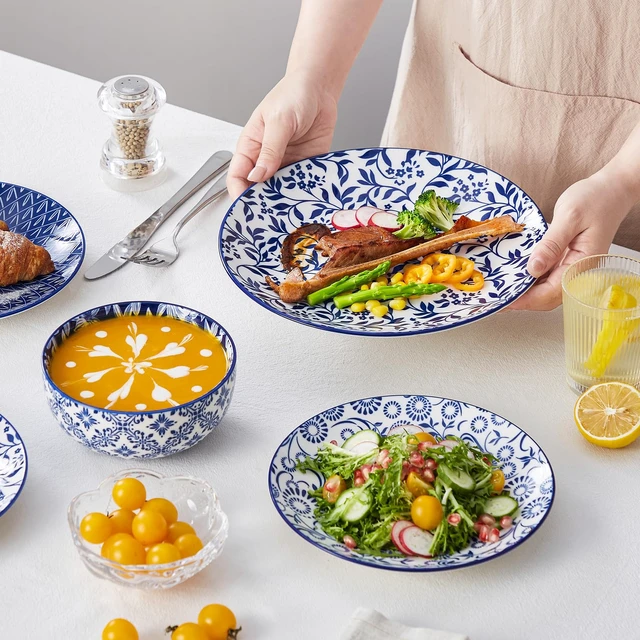 Alt view image 4 of 7 - Plates and Bowls Set for 4, 12 Pieces Dinnerware Sets, Mircowave and Dishwasher Safe Dishes Set, Porcelain Blue Dinnerware