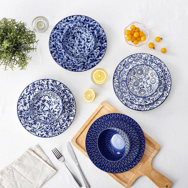 Alt view image 7 of 7 - Plates and Bowls Set for 4, 12 Pieces Dinnerware Sets, Mircowave and Dishwasher Safe Dishes Set, Porcelain Blue Dinnerware