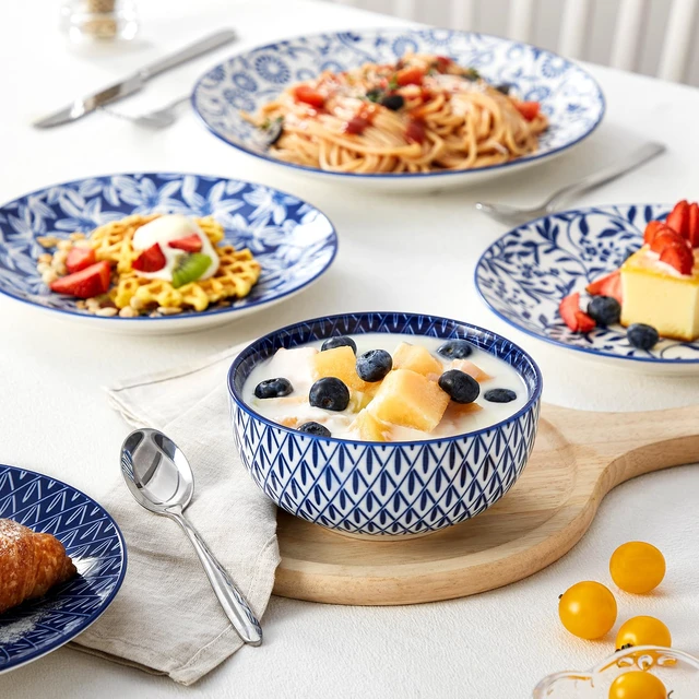 Alt view image 5 of 7 - Plates and Bowls Set for 4, 12 Pieces Dinnerware Sets, Mircowave and Dishwasher Safe Dishes Set, Porcelain Blue Dinnerware