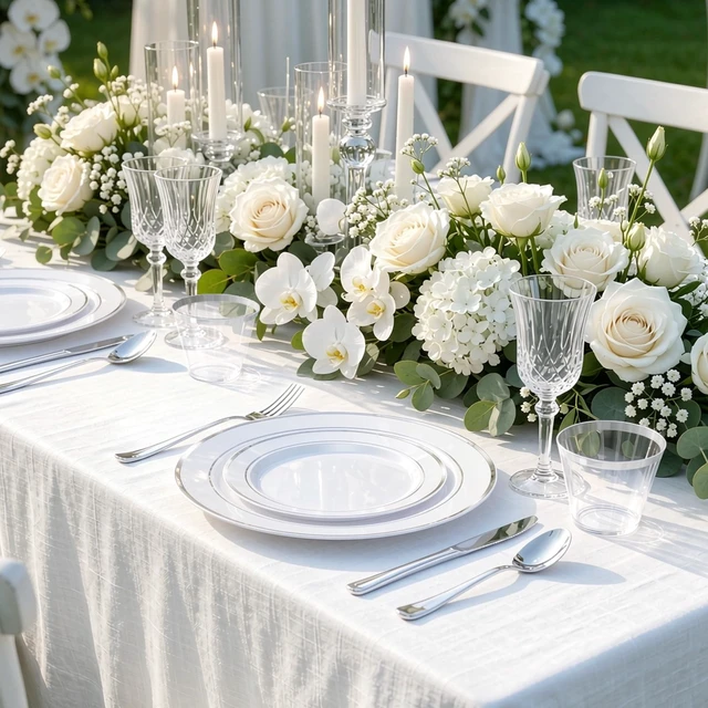 Alt view image 2 of 7 - 600 PCS Silver Disposable Dinnerware Set for 100 Guests | Silver Plastic Tableware, Dinner Plates, Cups, Forks, Knives & Spoons for Weddings & Elegant Events