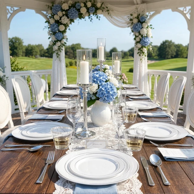 Alt view image 3 of 7 - 600 PCS Silver Disposable Dinnerware Set for 100 Guests | Silver Plastic Tableware, Dinner Plates, Cups, Forks, Knives & Spoons for Weddings & Elegant Events
