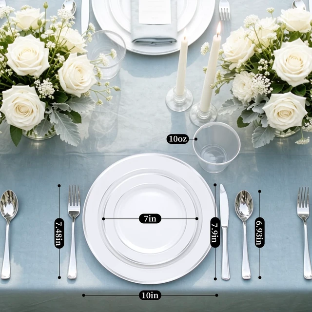 Alt view image 4 of 7 - 600 PCS Silver Disposable Dinnerware Set for 100 Guests | Silver Plastic Tableware, Dinner Plates, Cups, Forks, Knives & Spoons for Weddings & Elegant Events