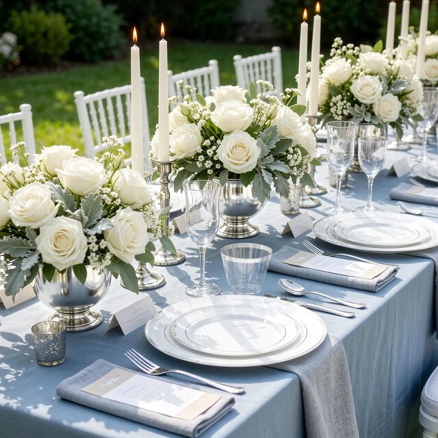 Alt view image 6 of 7 - 600 PCS Silver Disposable Dinnerware Set for 100 Guests | Silver Plastic Tableware, Dinner Plates, Cups, Forks, Knives & Spoons for Weddings & Elegant Events