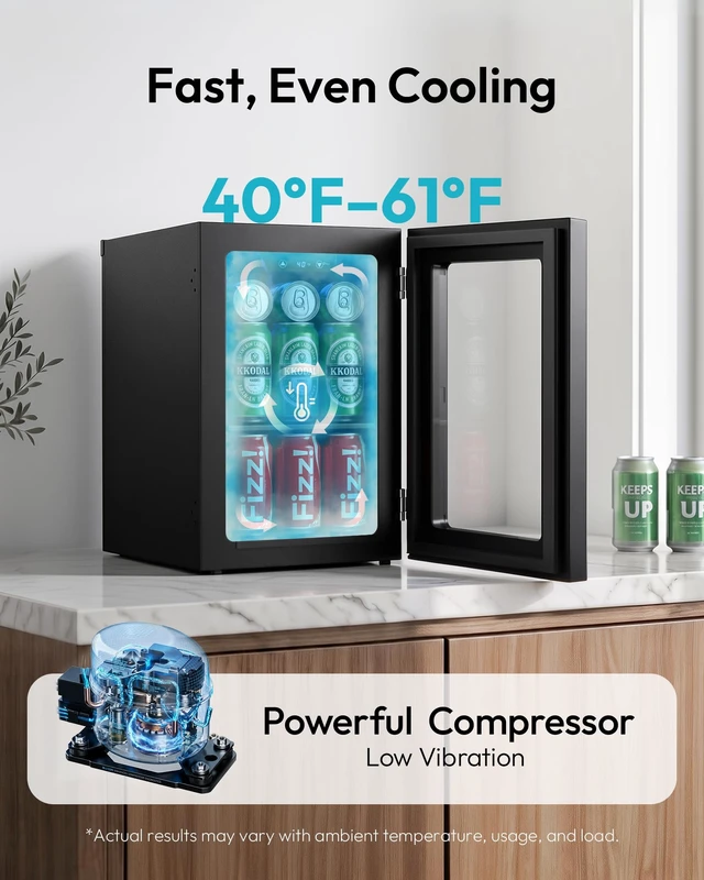 Alt view image 2 of 7 - 24 Can Mini Fridge, 18L Beverage Refrigerator with Quiet Compressor | 0.6 Cu.ft Capacity, 40°F to 61°F, Countertop, Digital Temperature Control, Removable Shelves, LED Light, Home Bar Office Use