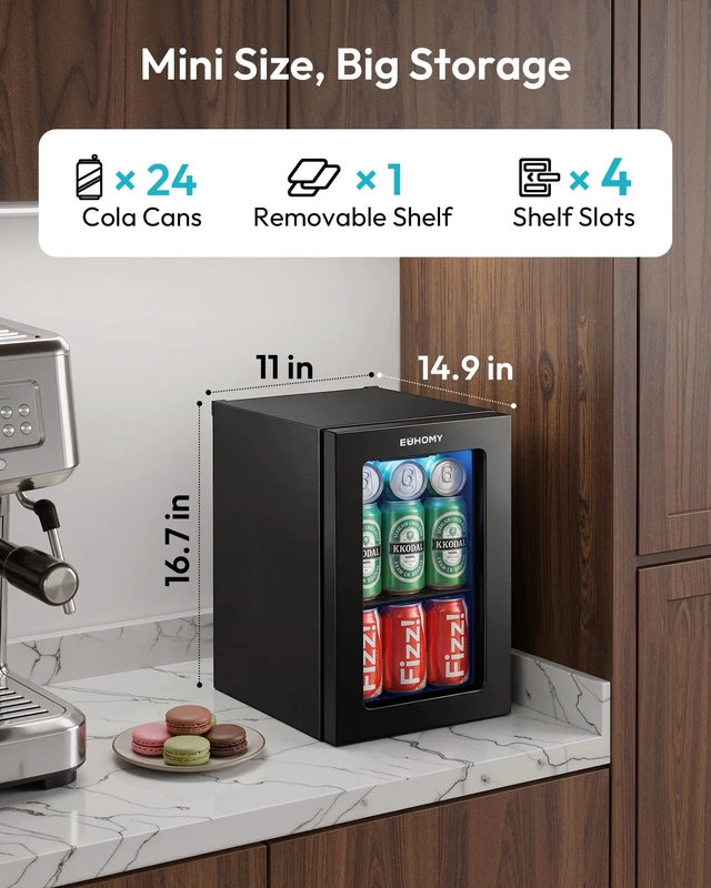 Alt view image 3 of 7 - 24 Can Mini Fridge, 18L Beverage Refrigerator with Quiet Compressor | 0.6 Cu.ft Capacity, 40°F to 61°F, Countertop, Digital Temperature Control, Removable Shelves, LED Light, Home Bar Office Use