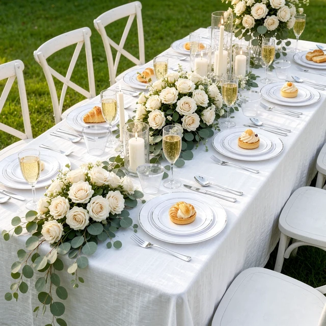 Alt view image 7 of 7 - 600 PCS Silver Disposable Dinnerware Set for 100 Guests | Silver Plastic Tableware, Dinner Plates, Cups, Forks, Knives & Spoons for Weddings & Elegant Events
