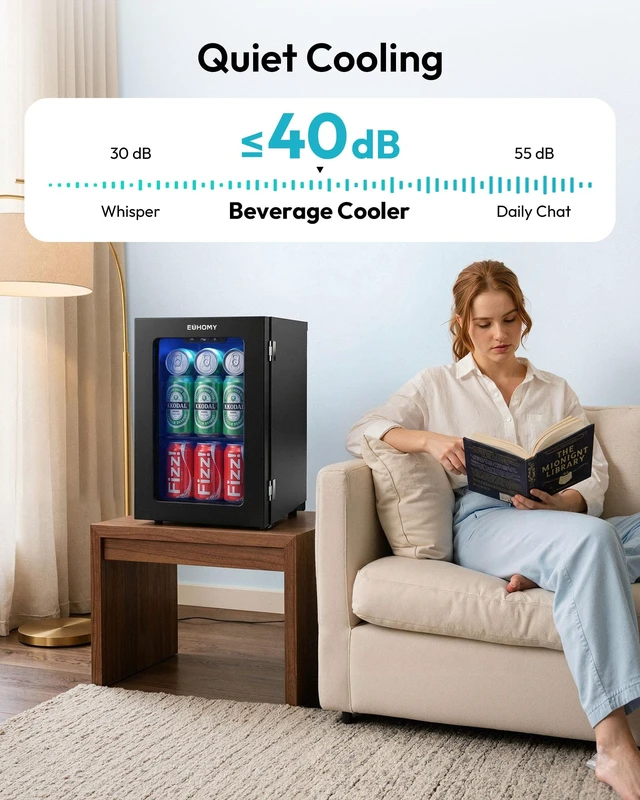 Alt view image 6 of 7 - 24 Can Mini Fridge, 18L Beverage Refrigerator with Quiet Compressor | 0.6 Cu.ft Capacity, 40°F to 61°F, Countertop, Digital Temperature Control, Removable Shelves, LED Light, Home Bar Office Use