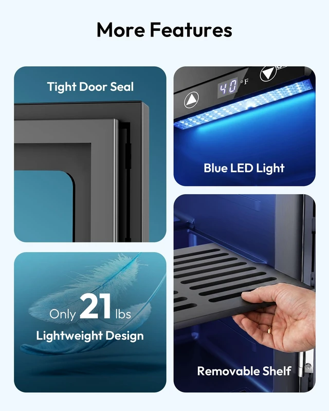 Alt view image 7 of 7 - 24 Can Mini Fridge, 18L Beverage Refrigerator with Quiet Compressor | 0.6 Cu.ft Capacity, 40°F to 61°F, Countertop, Digital Temperature Control, Removable Shelves, LED Light, Home Bar Office Use