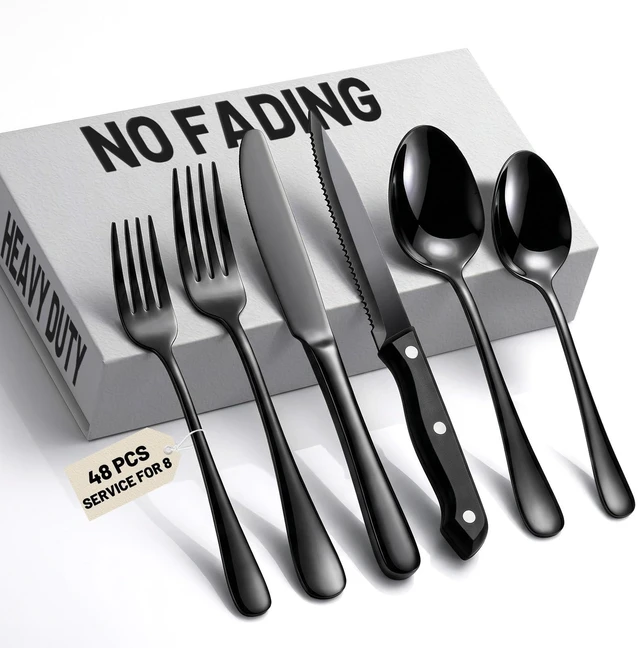 Main image of 48 PCS NO-FADING Black Silverware Set with Steak Knives, Flatware for 8 | Titanium Black Finish, Rust Resistant, Food-Grade Stainless Steel Cutlery Utensils Set, Mirror Polished & Dishwasher Safe