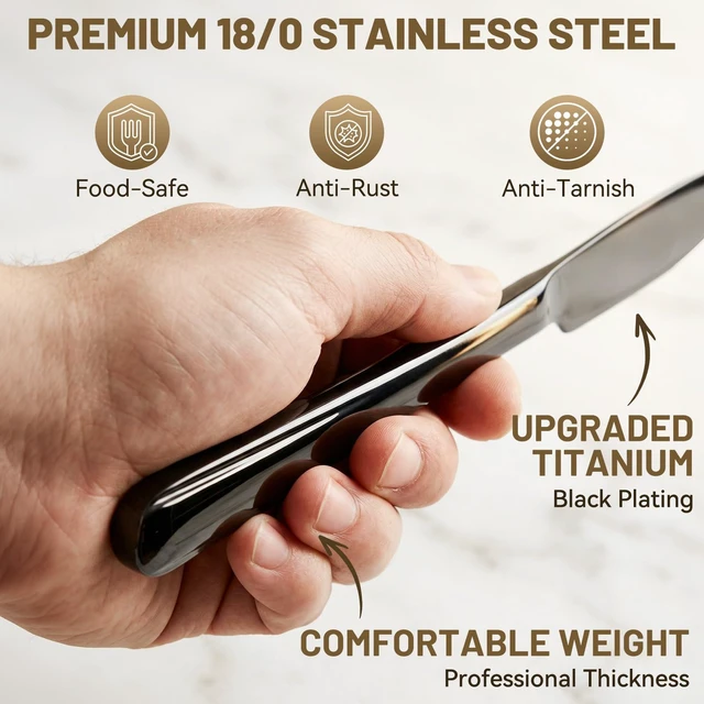 Alt view image 2 of 7 - 48 PCS NO-FADING Black Silverware Set with Steak Knives, Flatware for 8 | Titanium Black Finish, Rust Resistant, Food-Grade Stainless Steel Cutlery Utensils Set, Mirror Polished & Dishwasher Safe