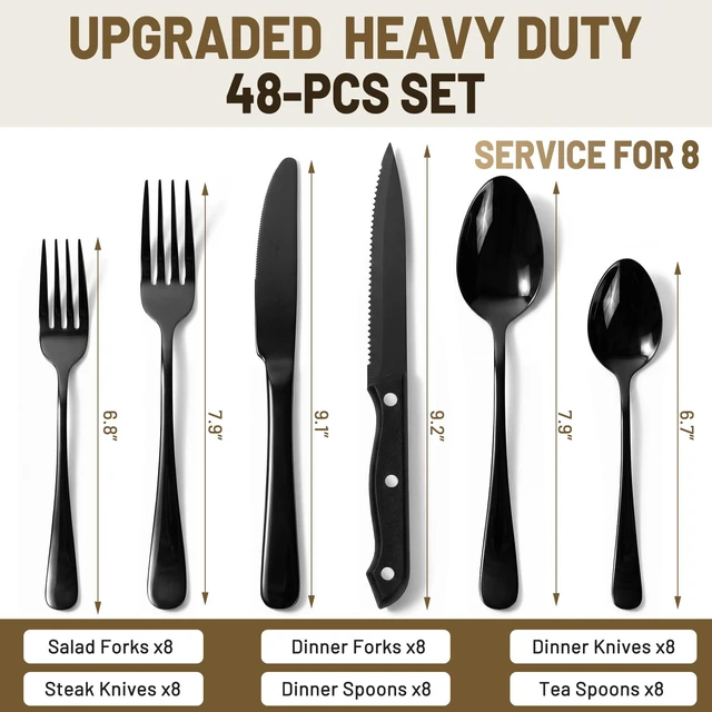 Alt view image 4 of 7 - 48 PCS NO-FADING Black Silverware Set with Steak Knives, Flatware for 8 | Titanium Black Finish, Rust Resistant, Food-Grade Stainless Steel Cutlery Utensils Set, Mirror Polished & Dishwasher Safe