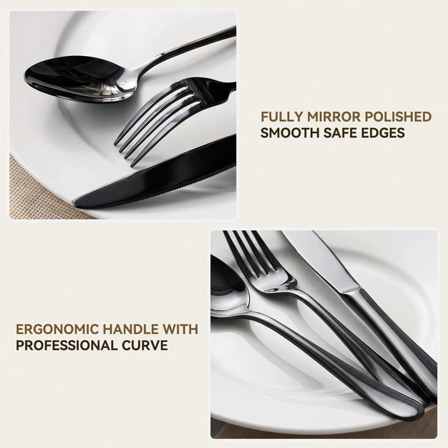 Alt view image 3 of 7 - 48 PCS NO-FADING Black Silverware Set with Steak Knives, Flatware for 8 | Titanium Black Finish, Rust Resistant, Food-Grade Stainless Steel Cutlery Utensils Set, Mirror Polished & Dishwasher Safe