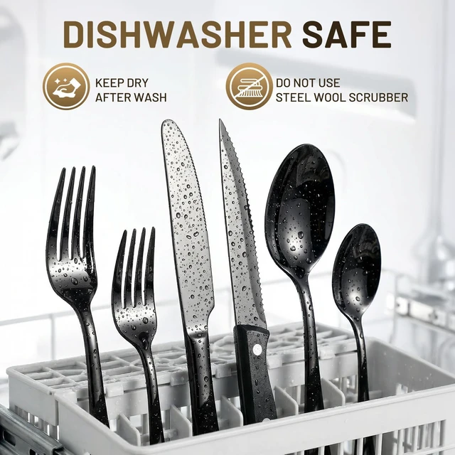 Alt view image 7 of 7 - 48 PCS NO-FADING Black Silverware Set with Steak Knives, Flatware for 8 | Titanium Black Finish, Rust Resistant, Food-Grade Stainless Steel Cutlery Utensils Set, Mirror Polished & Dishwasher Safe