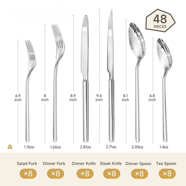 Alt view image 2 of 7 - 48-Piece Silverware Set with Steak Knives, Flatware Set for 8, 18/10 Stainless Steel Tableware Cutlery Set for Home Restaurant, Mirror Finish,Modern Design