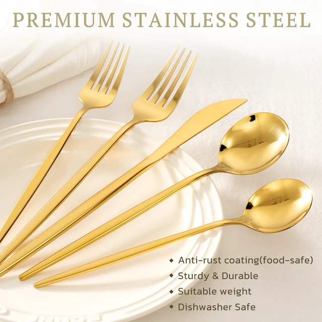Alt view image 4 of 7 - Silverware Set 48-Piece Gold Flatware Set with Steak Knives Food-Grade Stainless Steel Cutlery Set for 8 Mirror Polished Utensils Set for Home Kitchen Restaurant