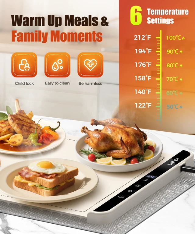 Alt view image 3 of 7 - Warming Mat for Food, 36x15 Inch,White, Fast Heat, Child Lock | Includes heat-resistant pad. Perfect for chafing dishes, buffet & parties. Easy to clean & store. 6 settings, timer & lock.