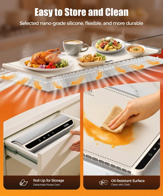 Alt view image 5 of 7 - Warming Mat for Food, 36x15 Inch,White, Fast Heat, Child Lock | Includes heat-resistant pad. Perfect for chafing dishes, buffet & parties. Easy to clean & store. 6 settings, timer & lock.
