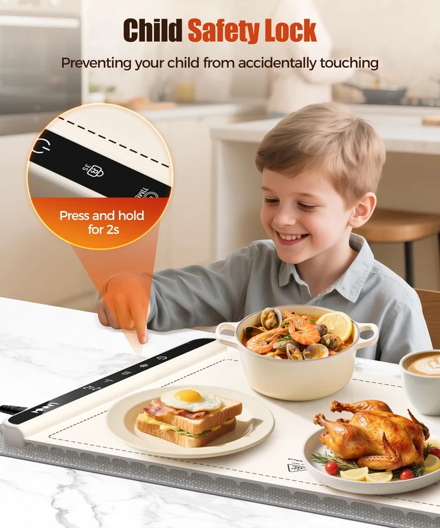 Alt view image 7 of 7 - Warming Mat for Food, 36x15 Inch,White, Fast Heat, Child Lock | Includes heat-resistant pad. Perfect for chafing dishes, buffet & parties. Easy to clean & store. 6 settings, timer & lock.