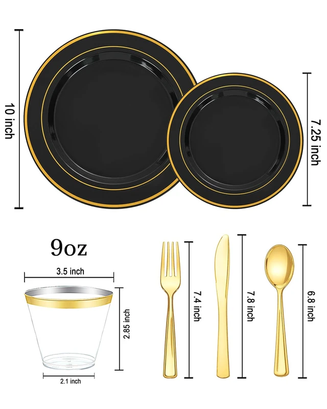 Alt view image 2 of 7 - 600PCS Black and Gold Disposable Dinnerware Set - Black Plastic Plates Disposable for Party Include 100 Dinner&100 Dessert Plates,100 Knives,100 Forks,100 Spoons,100 Cups for Party & Graduation