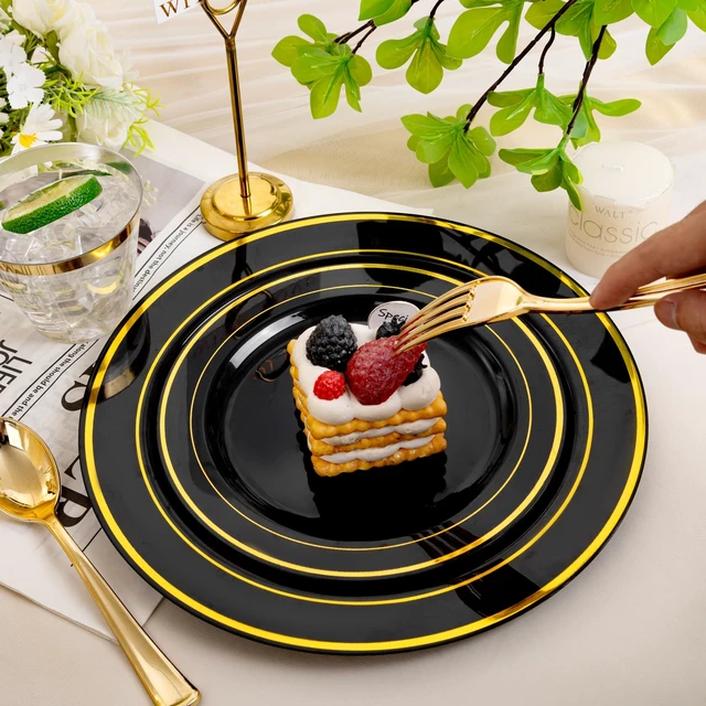 Alt view image 5 of 7 - 600PCS Black and Gold Disposable Dinnerware Set - Black Plastic Plates Disposable for Party Include 100 Dinner&100 Dessert Plates,100 Knives,100 Forks,100 Spoons,100 Cups for Party & Graduation
