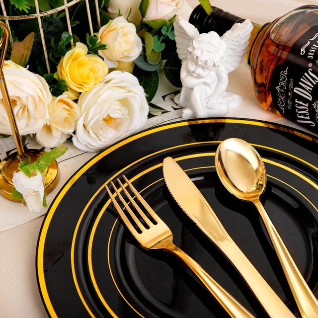 Alt view image 6 of 7 - 600PCS Black and Gold Disposable Dinnerware Set - Black Plastic Plates Disposable for Party Include 100 Dinner&100 Dessert Plates,100 Knives,100 Forks,100 Spoons,100 Cups for Party & Graduation