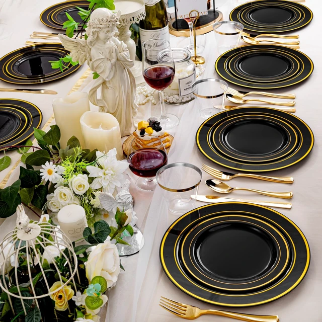 Alt view image 7 of 7 - 600PCS Black and Gold Disposable Dinnerware Set - Black Plastic Plates Disposable for Party Include 100 Dinner&100 Dessert Plates,100 Knives,100 Forks,100 Spoons,100 Cups for Party & Graduation