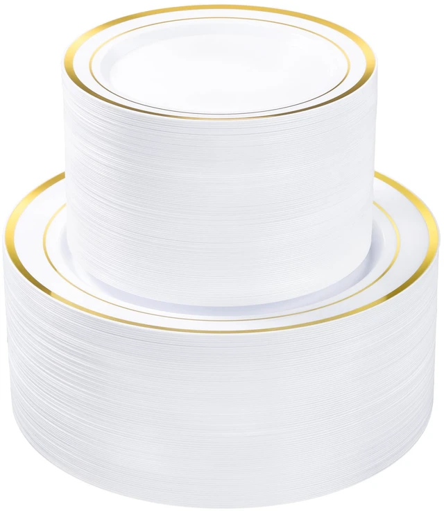 Main image of 200PCS Gold Plastic Plate, Disposable Party Plates | 100 Dinner Plates and 100 Dessert Plates, Plastic Plates for Party, Wedding and Birthday