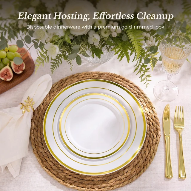 Alt view image 2 of 6 - 200PCS Gold Plastic Plate, Disposable Party Plates | 100 Dinner Plates and 100 Dessert Plates, Plastic Plates for Party, Wedding and Birthday