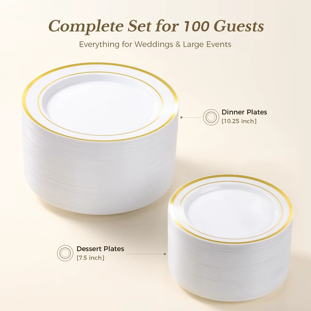 Alt view image 3 of 6 - 200PCS Gold Plastic Plate, Disposable Party Plates | 100 Dinner Plates and 100 Dessert Plates, Plastic Plates for Party, Wedding and Birthday