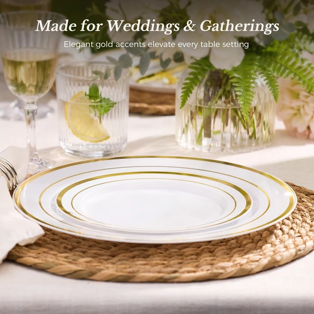 Alt view image 4 of 6 - 200PCS Gold Plastic Plate, Disposable Party Plates | 100 Dinner Plates and 100 Dessert Plates, Plastic Plates for Party, Wedding and Birthday