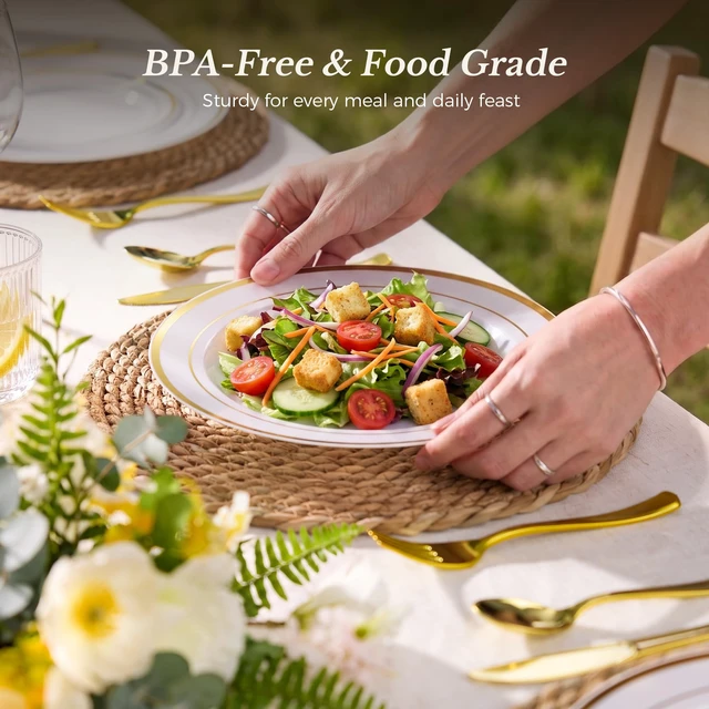 Alt view image 5 of 6 - 200PCS Gold Plastic Plate, Disposable Party Plates | 100 Dinner Plates and 100 Dessert Plates, Plastic Plates for Party, Wedding and Birthday