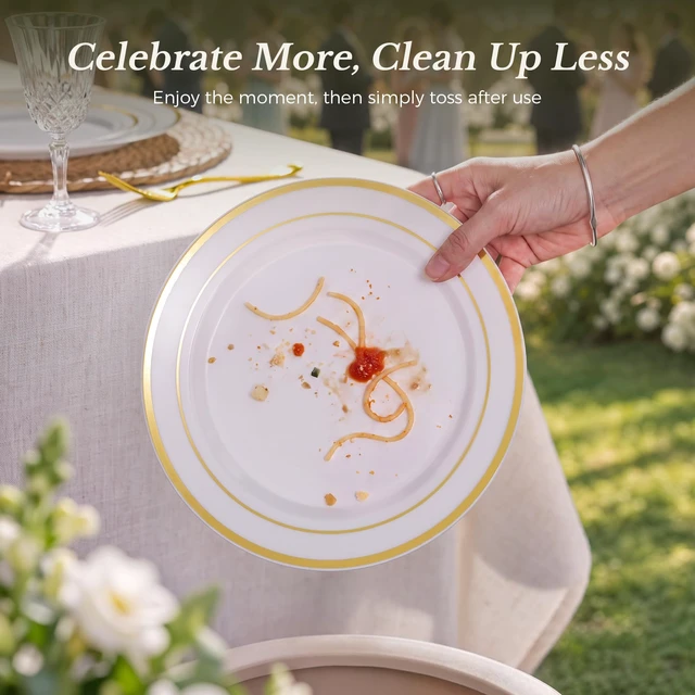 Alt view image 6 of 6 - 200PCS Gold Plastic Plate, Disposable Party Plates | 100 Dinner Plates and 100 Dessert Plates, Plastic Plates for Party, Wedding and Birthday