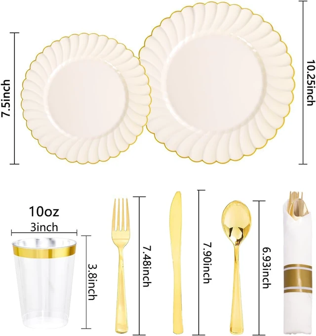 Alt view image 2 of 7 - 350PCS Ivory Scalloped Plastic Plates for Wedding Party | Ivory and Gold Disposable Dinnerware Set Include 100 Plates, 150 Gold Silverware, 50 Cups, 50 Napkins