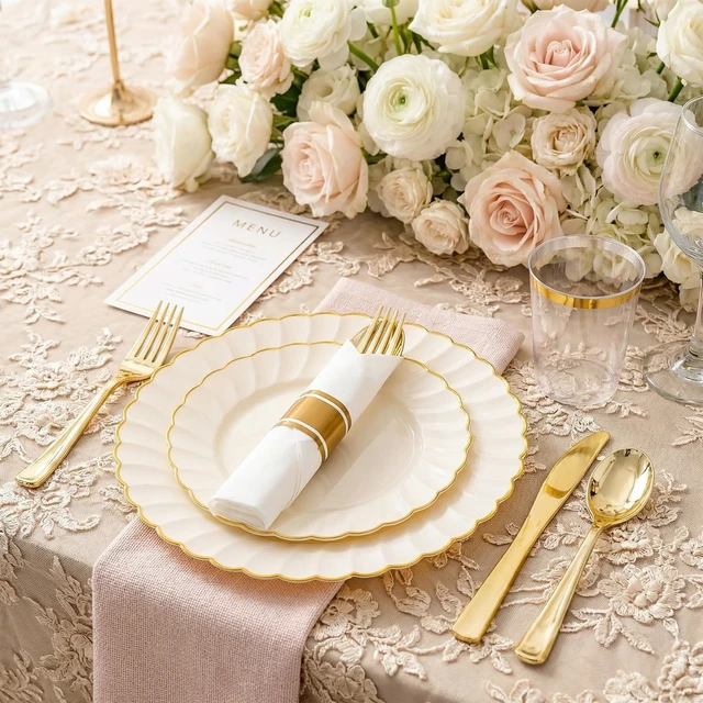 Alt view image 3 of 7 - 350PCS Ivory Scalloped Plastic Plates for Wedding Party | Ivory and Gold Disposable Dinnerware Set Include 100 Plates, 150 Gold Silverware, 50 Cups, 50 Napkins
