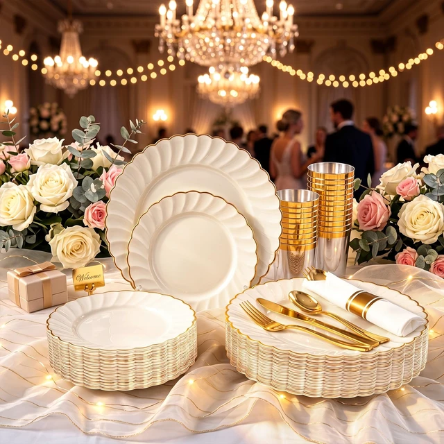 Alt view image 4 of 7 - 350PCS Ivory Scalloped Plastic Plates for Wedding Party | Ivory and Gold Disposable Dinnerware Set Include 100 Plates, 150 Gold Silverware, 50 Cups, 50 Napkins