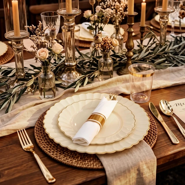 Alt view image 7 of 7 - 350PCS Ivory Scalloped Plastic Plates for Wedding Party | Ivory and Gold Disposable Dinnerware Set Include 100 Plates, 150 Gold Silverware, 50 Cups, 50 Napkins