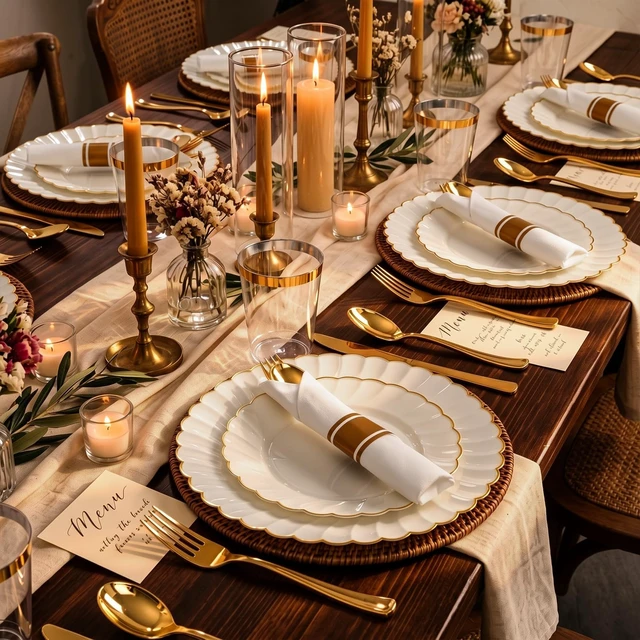 Alt view image 6 of 7 - 350PCS Ivory Scalloped Plastic Plates for Wedding Party | Ivory and Gold Disposable Dinnerware Set Include 100 Plates, 150 Gold Silverware, 50 Cups, 50 Napkins