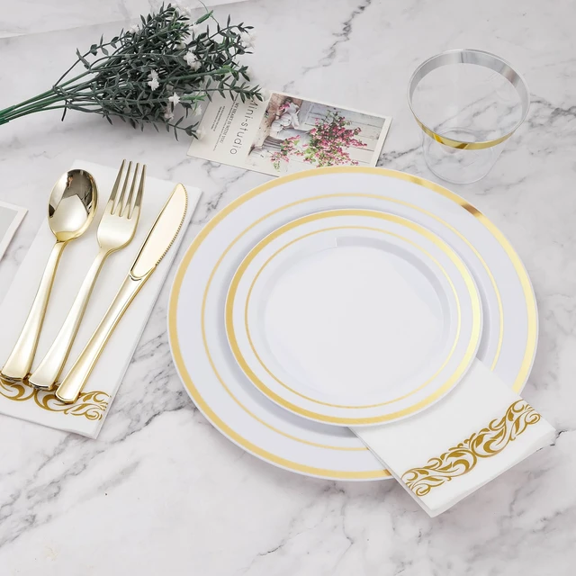 Alt view image 2 of 6 - 700 PCS Disposable White and Gold Plastic Plates for 100 Guests | Gold Plates Sets Include: 200 Plastic Plates, 100 Gold Silverware, 100 Cups, 100 Paper Napkins for Party, Wedding, Christmas