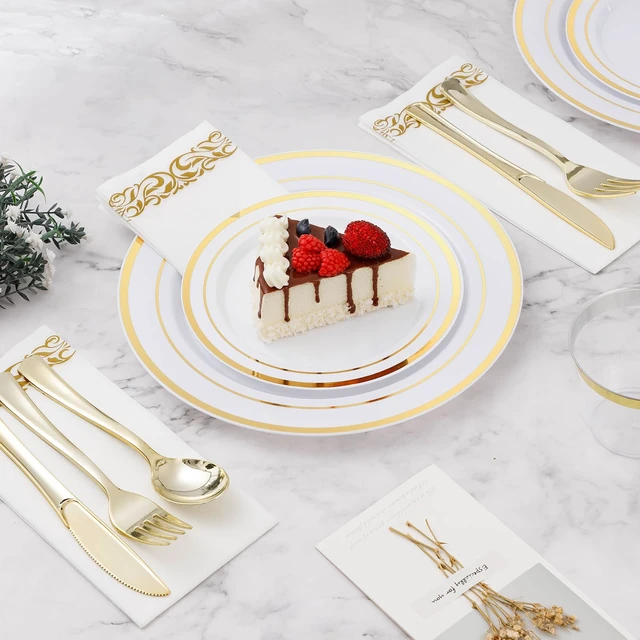 Alt view image 3 of 6 - 700 PCS Disposable White and Gold Plastic Plates for 100 Guests | Gold Plates Sets Include: 200 Plastic Plates, 100 Gold Silverware, 100 Cups, 100 Paper Napkins for Party, Wedding, Christmas