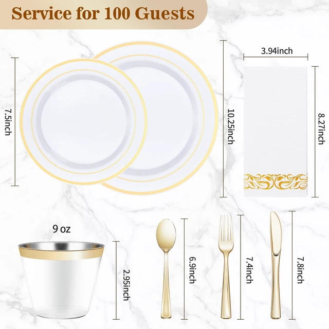 Alt view image 4 of 6 - 700 PCS Disposable White and Gold Plastic Plates for 100 Guests | Gold Plates Sets Include: 200 Plastic Plates, 100 Gold Silverware, 100 Cups, 100 Paper Napkins for Party, Wedding, Christmas